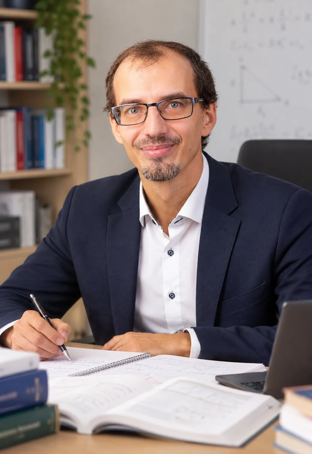 Markus Holzapfel am Schreibtisch mit Büchern, Notizen und Laptop, im Hintergrund eine Tafel mit Formeln